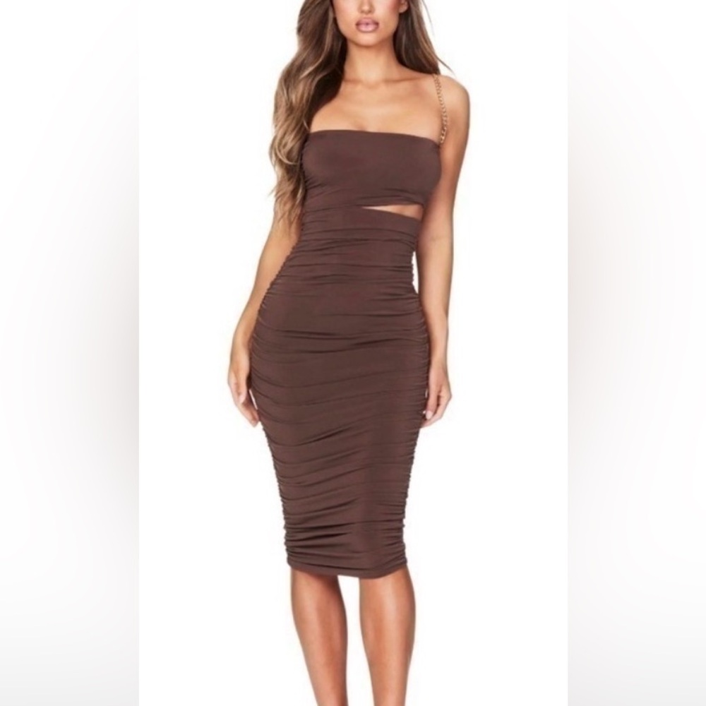 Revolve Nookie‎ Tia Midi Cut Out Chain Strap Dress in Mocha Brown Size M NWT